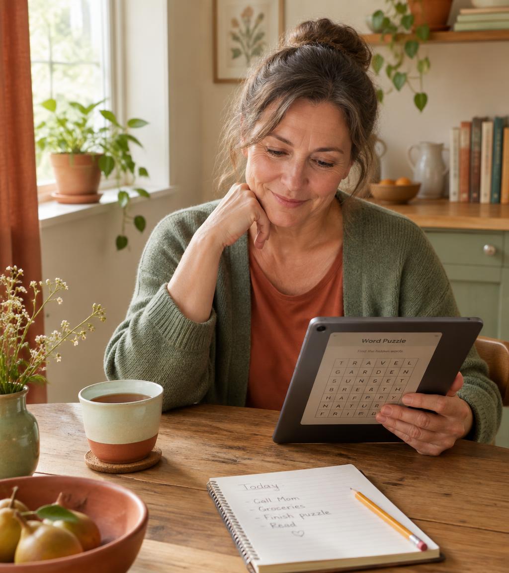 Mujer resolviendo un ejercicio de palabras en su tablet con una taza de té